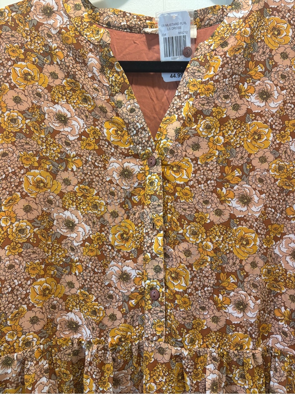 Indigo Soul Mustard Floral Tiered Long Sleeve Boho Mini Dress XL NWT - Picture 6 of 10